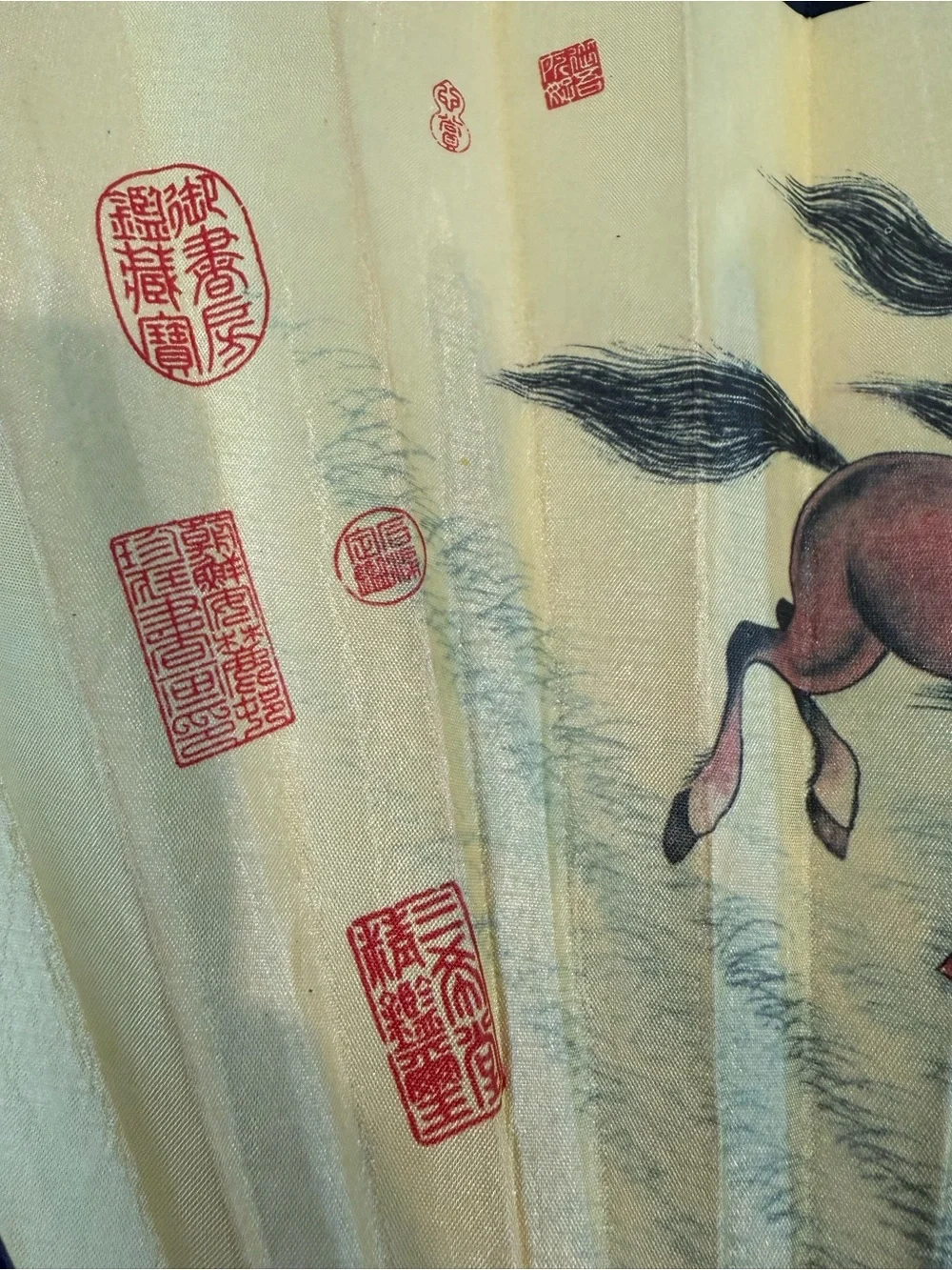 Vintage Chinese 8 Running Horses silk folding fan